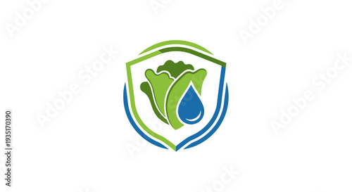 Green Leaf Shield with Water Drop Logo.