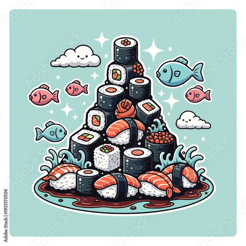 Sushi Stack with Fish and Seaweed Illustration.
