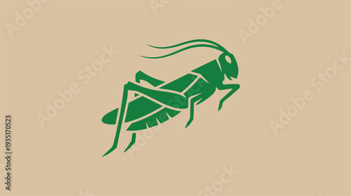 Green Grasshopper Silhouette on Beige Background.