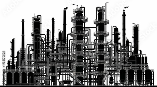 Detailed Black and White Illustration of a Large Industrial Chemical Plant with Complex Piping Systems and Tower Structures