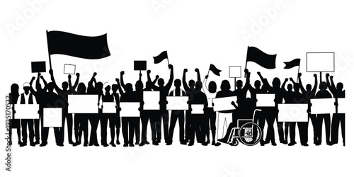 Flat vector illustration of protest demonstration silhouettes, people with signs flags fists wheelchair activism unity social political engagement artwork