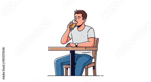Man Drinking Coffee at Table Alone.