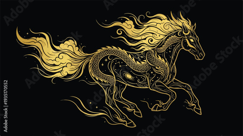 Golden Celestial Horse Galloping Through the Night Sky.