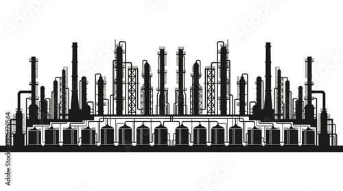Industrial Factory Complex with Towers and Storage Tanks Silhouetted Against a White Background