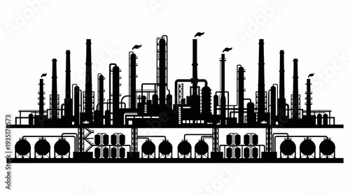 Silhouette of an industrial refinery complex with numerous tall chimneys and interconnected pipelines, representing large-scale production