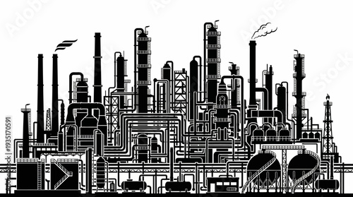 Black and white illustration of a large industrial complex with multiple towers and smokestacks emitting smoke, representing heavy industry and manufacturing processes