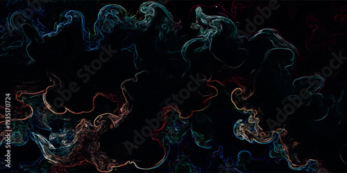 Abstract dark background with swirling patterns of colorful smoke-like fluid dynamics, creating an ethereal and dynamic visual effect.