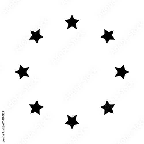 Stars of various sizes arranged in a circle. Round frame, border. Black star outline, simple symbol. Design element, ornament. Line art. Vector illustration
