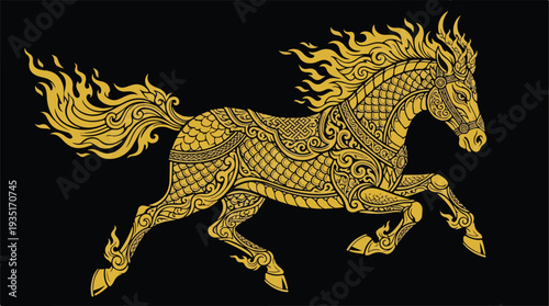 Golden Horse Illustration with Intricate Patterns and Fiery Mane.