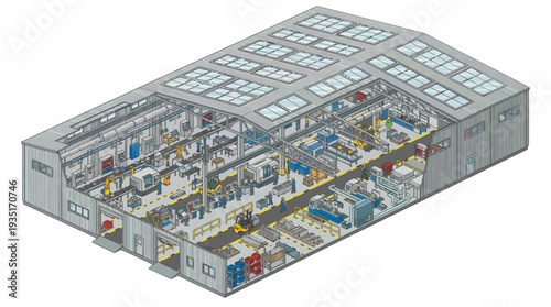Overview of a large, modern industrial workshop with numerous workstations and advanced machinery, illustrating a productive manufacturing environment