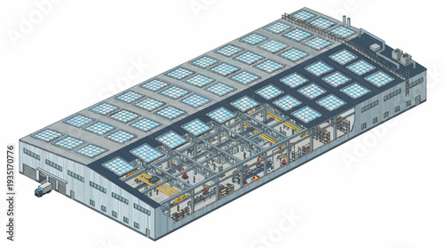 Isometric illustration of a factory interior with machinery and production lines, showcasing industrial processes and a warehouse area