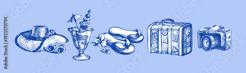 Vintage summer coastal set. Retro sketch beach vacation stickers. Hand drawn vector illustration.