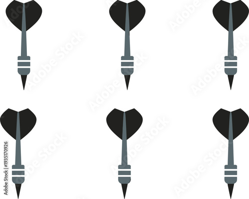 Six black and gray dart arrows arranged in two rows on a white background Keywords: darts, dart arrows, game, sport, target