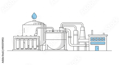 Industrial water treatment plant with filtration systems and large storage tanks.