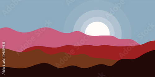 Minimalist graphic illustration of a sunset over layered mountains in shades of pink, red, and brown with a blue sky.