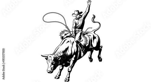 Cowboy Riding a Bucking Bull with Lasso Raised High in the Air.
