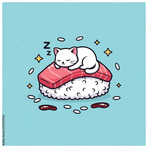 White Cat Sleeping on Sushi Cartoon.