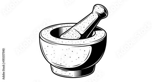 Detailed illustration of a mortar and pestle, perfect for grinding herbs and spices.