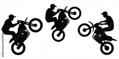 Silhouettes of Motocross Riders Performing Stunts on White Background motorcycle