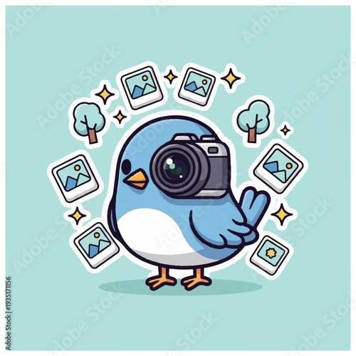 Cartoon Bluebird Holding Camera Taking Photos.