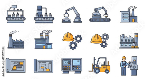 Industrial Manufacturing Factory Equipment and Machinery Icons.