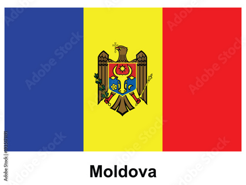 Flag of Moldova with Coat of Arms in Bright Colors on White Background