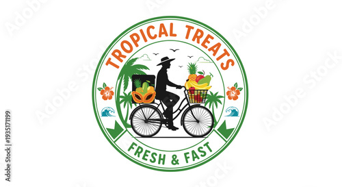 Tropical Treats Logo with Cyclist and Fruits.