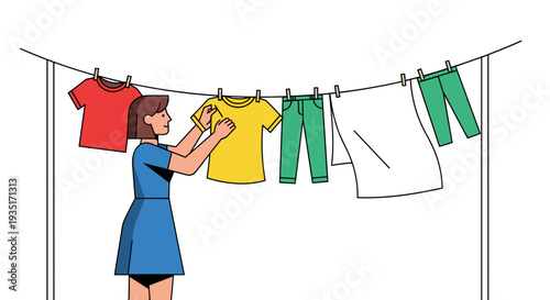 Woman Hanging Laundry on Clothesline Outside.