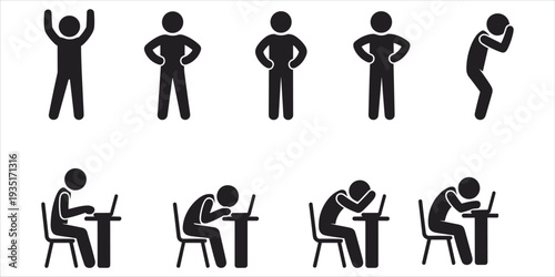 Set Of Human Figures Showing Different Emotions And Actions On White Background silhouette icon