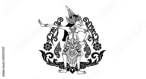 Intricate Javanese Dancer Depicted in Detailed Black and White Illustration.