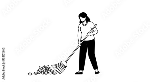 Woman Raking Leaves with Garden Rake.