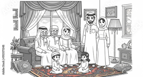 Family gathering in traditional attire, celebrating togetherness and culture.