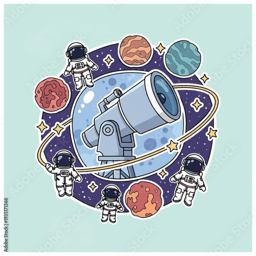 Astronauts Exploring Planets through Telescope.