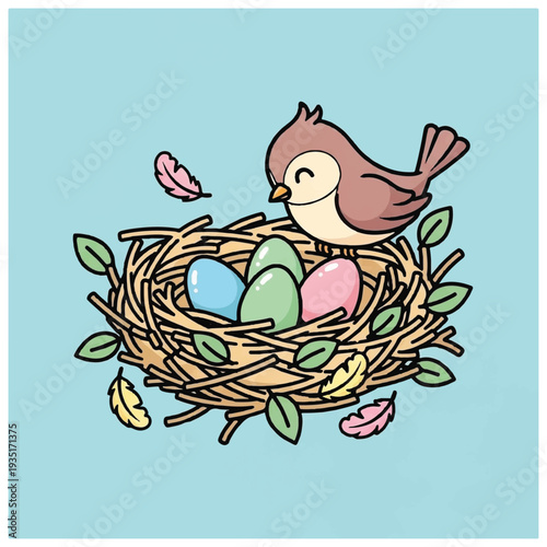 Bird Sitting on Nest with Eggs.