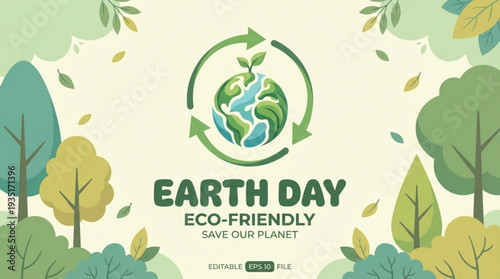 Vibrant flat vector illustration celebrating earth day with a stylized globe and recycling arrows surrounded by lush green trees and soft yellow leaves conveying eco