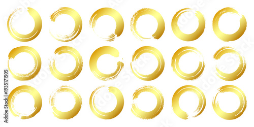 Golden grunge circles, brush strokes, lines, ink smudges, hand-drawn scribble shapes. Handmade sketchy marks, acrylic stains, charcoal streaks. Paint textures, dry brush effect. Vector illustration