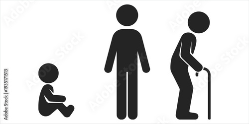 Human life cycle stages from baby to elderly person with cane Keywords: life cycle, human life, stages, baby, child, adult