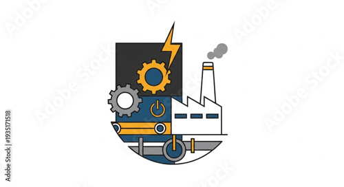 Industrial factory with gears and lightning bolt illustration.