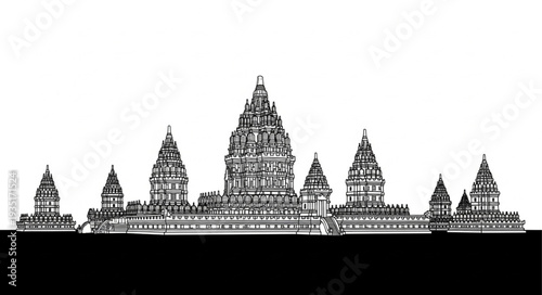 Intricate architectural illustration of ancient temple complex in monochrome style.