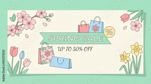Spring sale banner template festive floral design with blooming cherry blossoms tulips and daffodils featuring shopping bags and a percentage discount symbol perfect