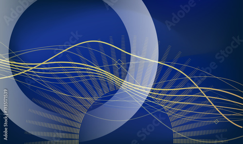 Abstract blue background with flowing golden wavy lines, translucent circles, and geometric patterns. Luxury elegant vector illustration for technology, finance, or modern corporate design