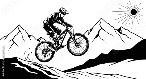 Mountain biker soaring through the air, showcasing skill and adventure on a rugged trail.