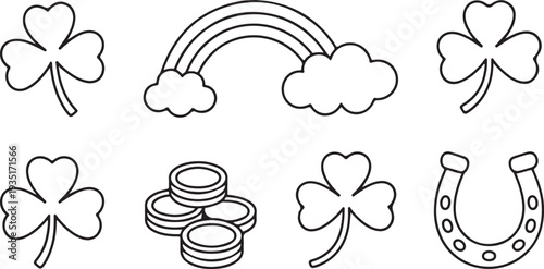 St Patricks Day icons with clover leaves rainbow horseshoe and coins