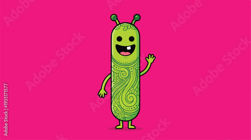 Cute Green Alien Character Waving Hello.