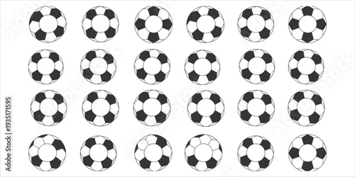 Grid of soccer balls in black and white pattern Keywords: soccer ball, football, sport, game, round, pattern, grid, repetition
