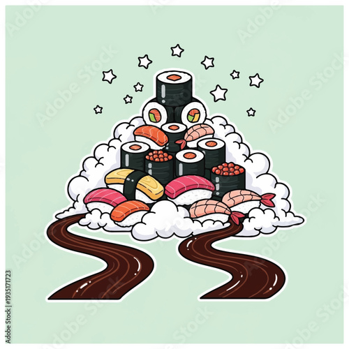Sushi Rolls Stacked on Clouds with Sauce.
