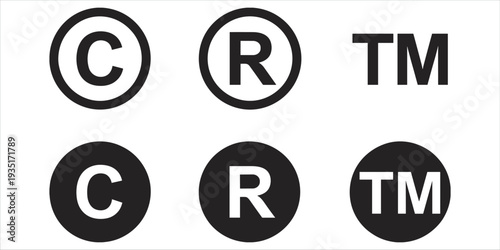 Copyright Trademark and Registered Symbol Icons in Black and White on White Background vector illustration