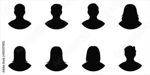 Collection of Black Silhouettes of Diverse Human Head and Shoulder Profiles Keywords: silhouette, head, shoulders, profile