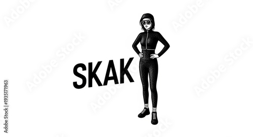 Woman in black outfit with SKAK text, ready for action, looking confident and focused.