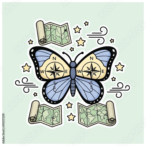 Blue Butterfly with Compass Wings and Maps.